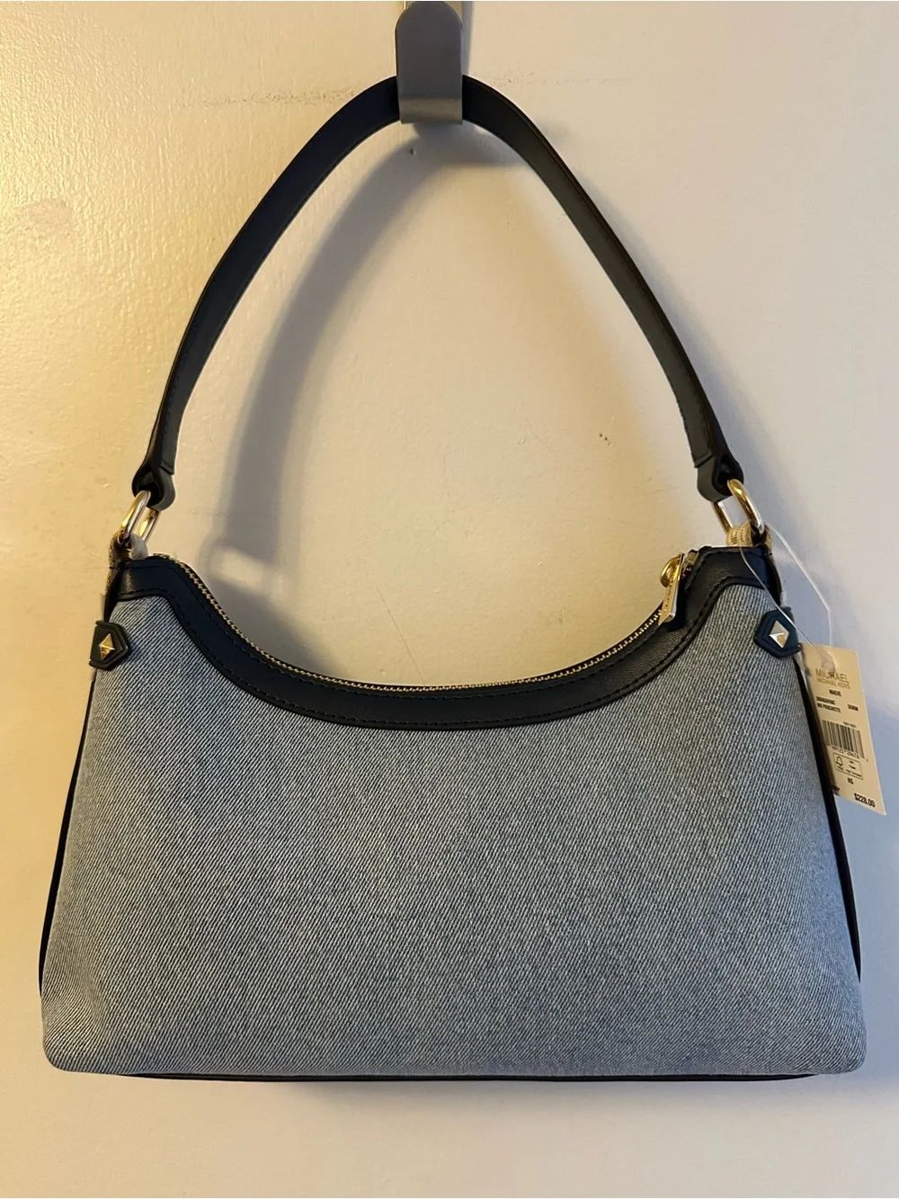 Michael Kors Light Blue Denim Shoulder Hobo Bag with Navy Leather Trim